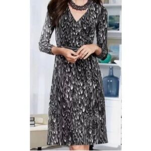 Talbots gray feather print stretch jersey faux wrap dress